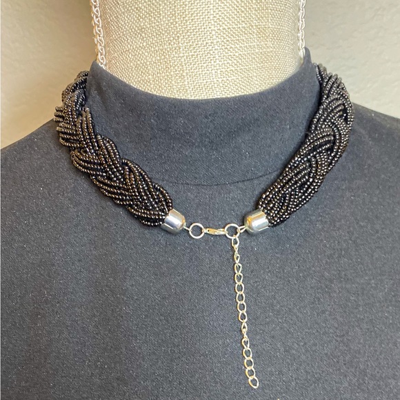 Braided Black & Silver Seed Bead Boho Style Adjustable Necklace - Picture 4 of 5
